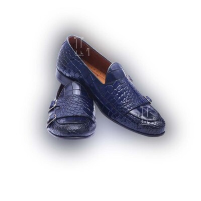 Handmade Men's Blue Double Monk Strap Loafer Shoes Alligator