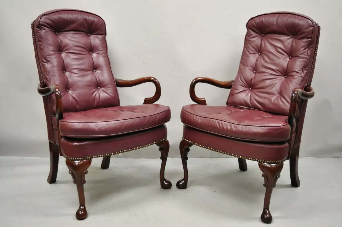 St Timothy Chair Co Burgundy Leather Queen Anne Library Office Arm Chairs Pair