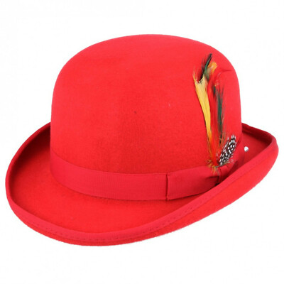 Rote 100% Wolle Bowler Mütze hochwertig mit abnehmbarer Feder Satin gefüttert