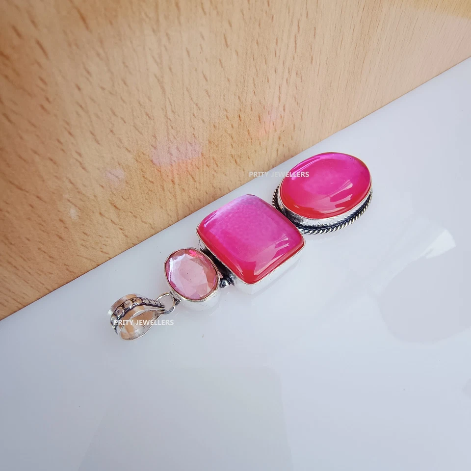 Pink Mystic Topaz Pendant, Silver Plated Pendant, Large Antique Handmade Pendant - Image 3 of 4