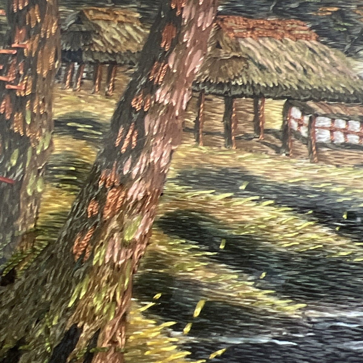 Vintage Japanese Silk Embroidery Art Mountain Mill Trees