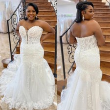 Plus Size Mermaid Wedding Dresses Appliques Backless Tulle African Bridal Gowns