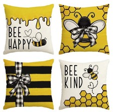 AVOIN colorlife Bee Happy Bee Kind Throw Pillow Covers Set of 4 18x18in