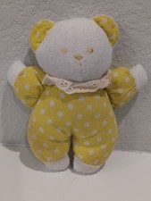 Yellow White Polka Dot Bear Stuffed Plush Terry Cloth Paws Small Lace Collar