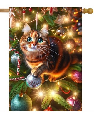 Merry Christmas Cute Cat on Xmas Tree Balls Lights Celebration House Flag 28''...
