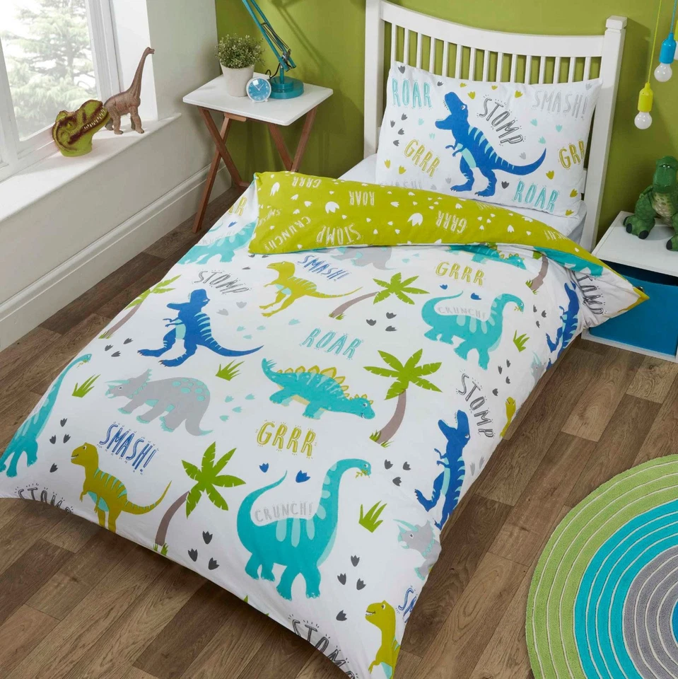 Dinosaurs Toddler Cot Bed Duvet Cover T-rex Kid Boy Quilt Bedding Set Green Blue