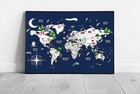 Colorful World Map with Flags and Animals - Framed Wall Art Print for Kids Room
