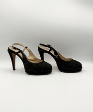 Chanel Black Suede Slingback Platform Cap Toe Heels Silver CC Logo Size EU 37.5