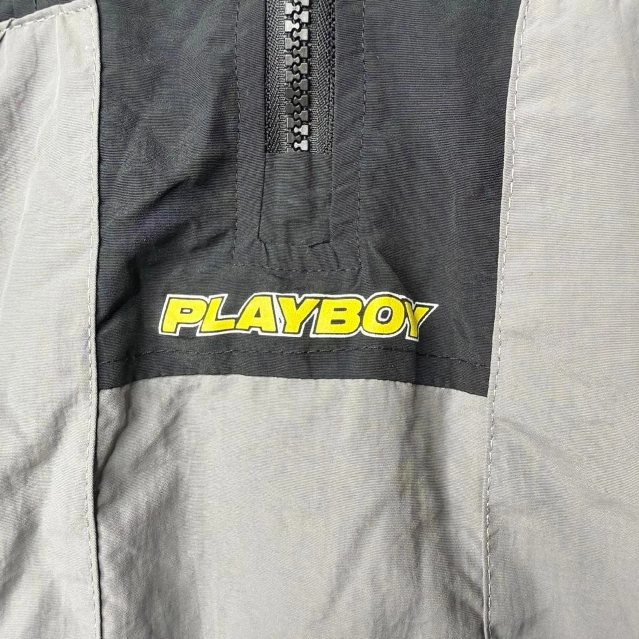 Playboy Windbreaker Jacket Colorblock Hooded Half Zip Grey Black S - product detail image 4