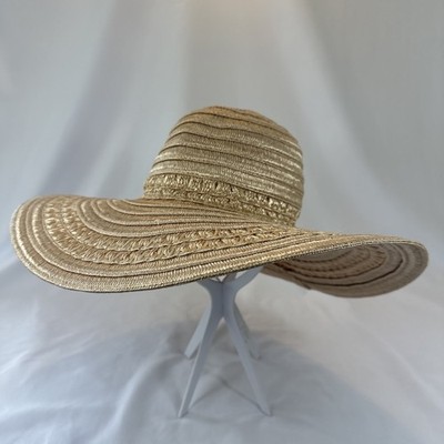 Chico's Sun Hat Natural Golden Shimmer Packable Sz S 5'' Crown Floppy Wide Brim