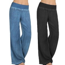 Women Elastic Waist Lightweight Jeans Yoga Pant Wide Leg Demims Lounge Trousers