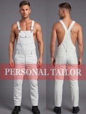 Men's Real White Lambskin Leather Bib Overall Dungaree Jumpsuit Utility Uniform