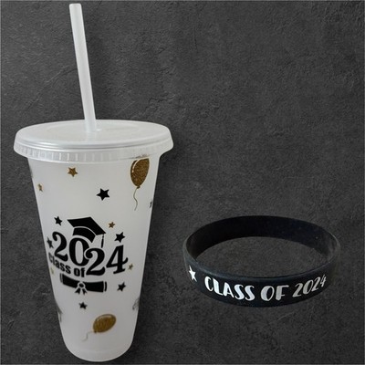 Trinkbecher ''Klasse 2024'' 500 ml weiß mit Deckel & Strohhalm und Armband