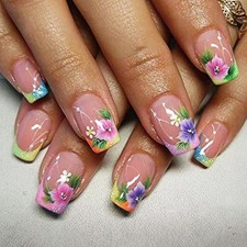 Colorful Press on Nails Short Square Fake Nails Flower False Nails Glossy s16