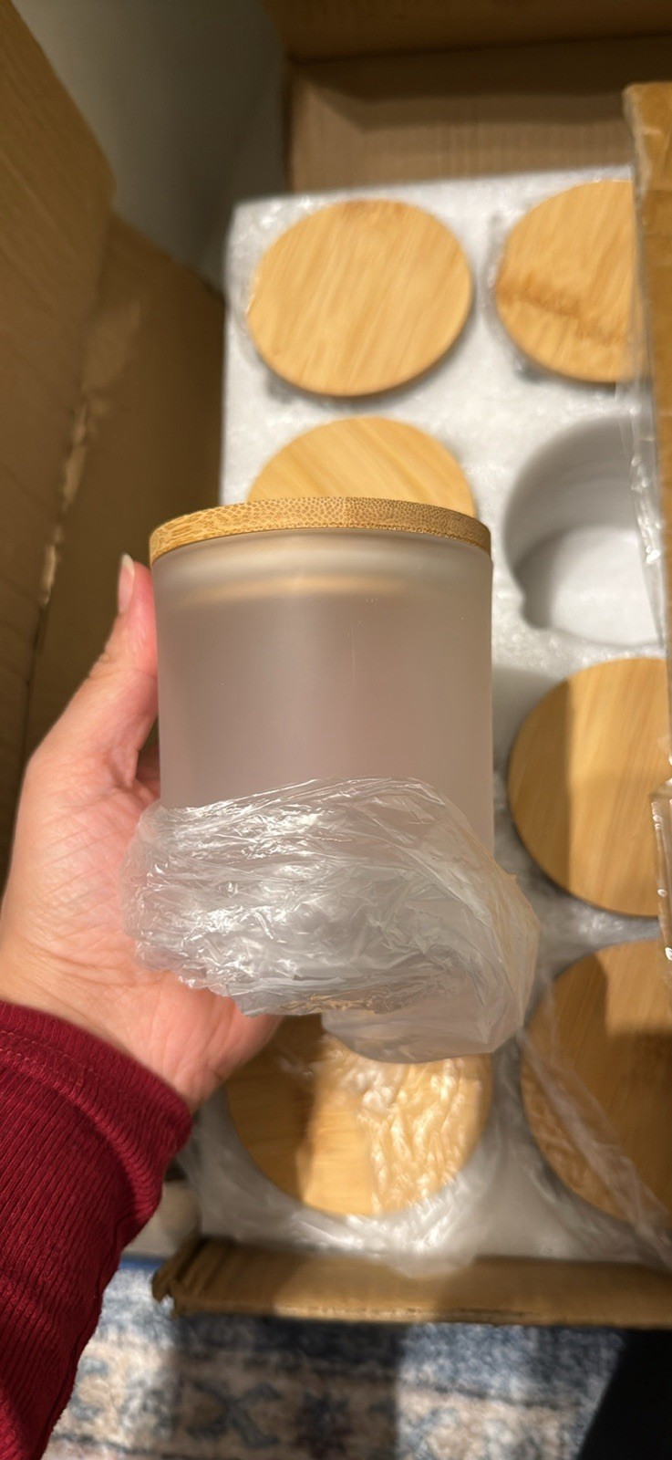 Set of 6 Frosted Glass Cylinder Storage Canisters with Wooden Lids