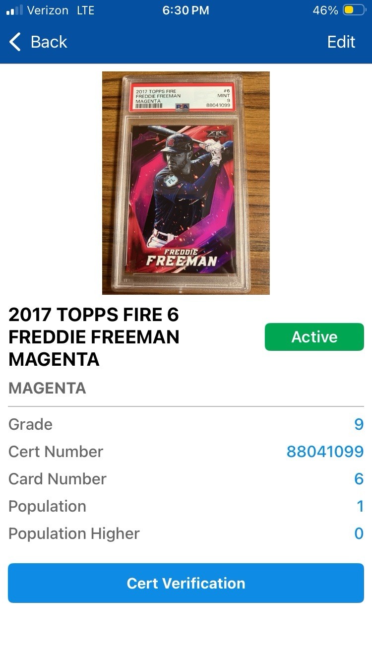 2017 Topps Fire - Freddie Freeman #6 Magenta SP #23/25 PSA 9 Mint Pop 1 view 3