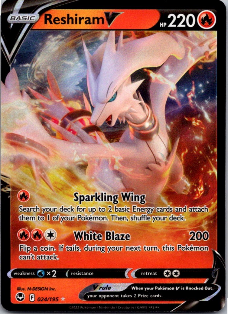 Reshiram V 024/195 Holo V Rare Silver Tempest Pokemon Near Mint