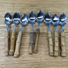 VTG MCM Bamboo Handle Grapefruit Spoons Set of 8 Stainless Serrated Flatware