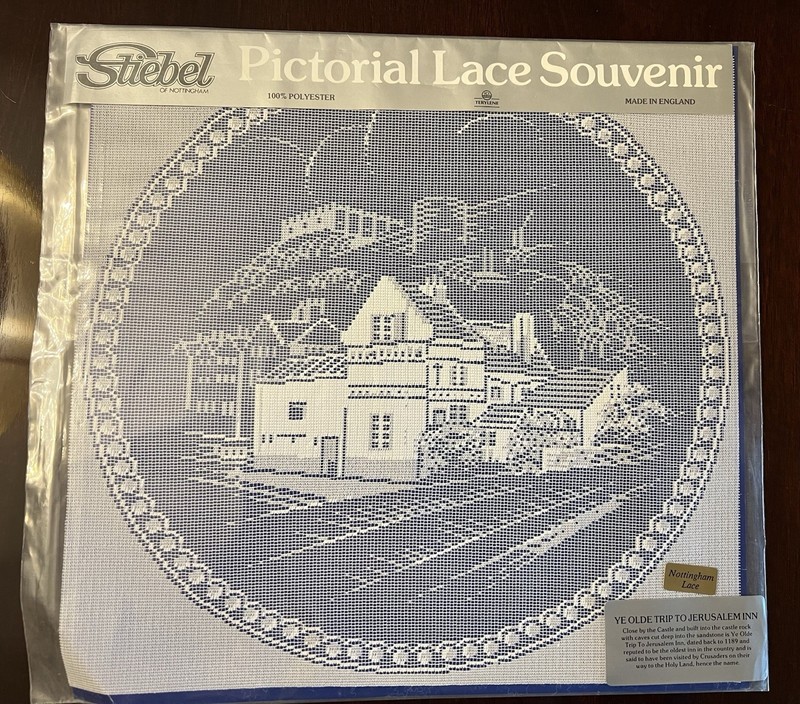 NIP Stiebel Pictorial Lace Souvenir Nottingham Lace Ye Old Trip To Jerusalem Inn