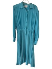 Vintage Ciao Ltd Blue 100% Silk Button-Up Midi Dress Sz 14 Coquette