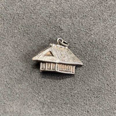 Vintage Straw Hut Building Dangle 3D Puffy Charm Sterling Silver 925
