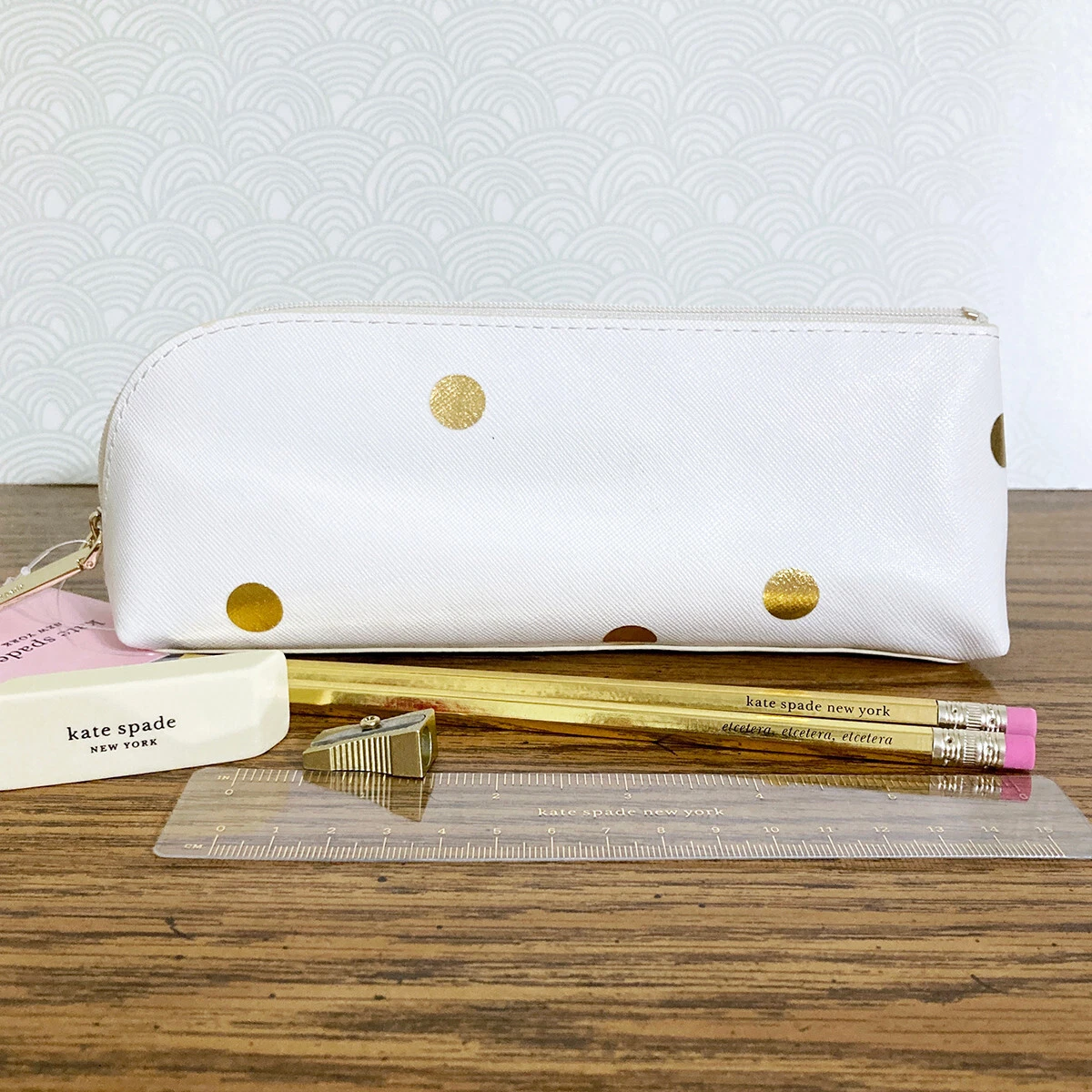 Kate Spade Pencil Pouch Polka Dot Cosmetic Case Travel Designer Cream Gold