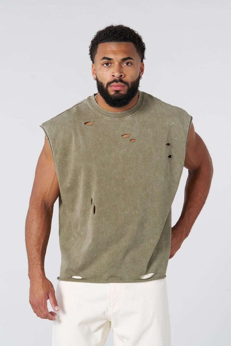 YOUNGLA (SOLD OUT) - 3022 - ANARCHY CROPPED TANKS - OLIVE WASH