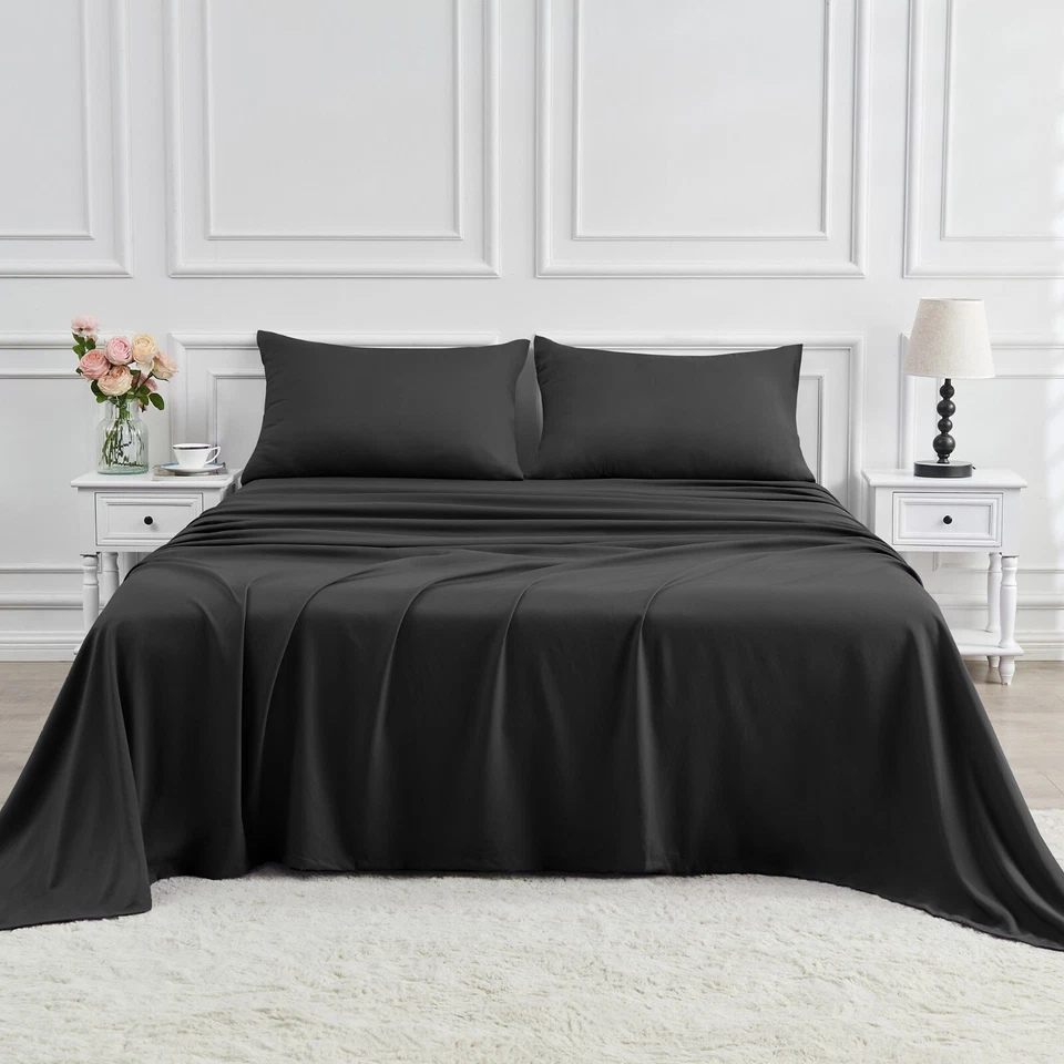 2000TC Soft Cooling Bamboo Flat Fitted Sheet Set Pillowcase S/KS/D/Q/King Bed AU