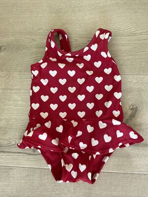 EUC BABY GAP GIRLS SWIMSUIT Red White Hearts 6-12 Months Piece Ruffle 