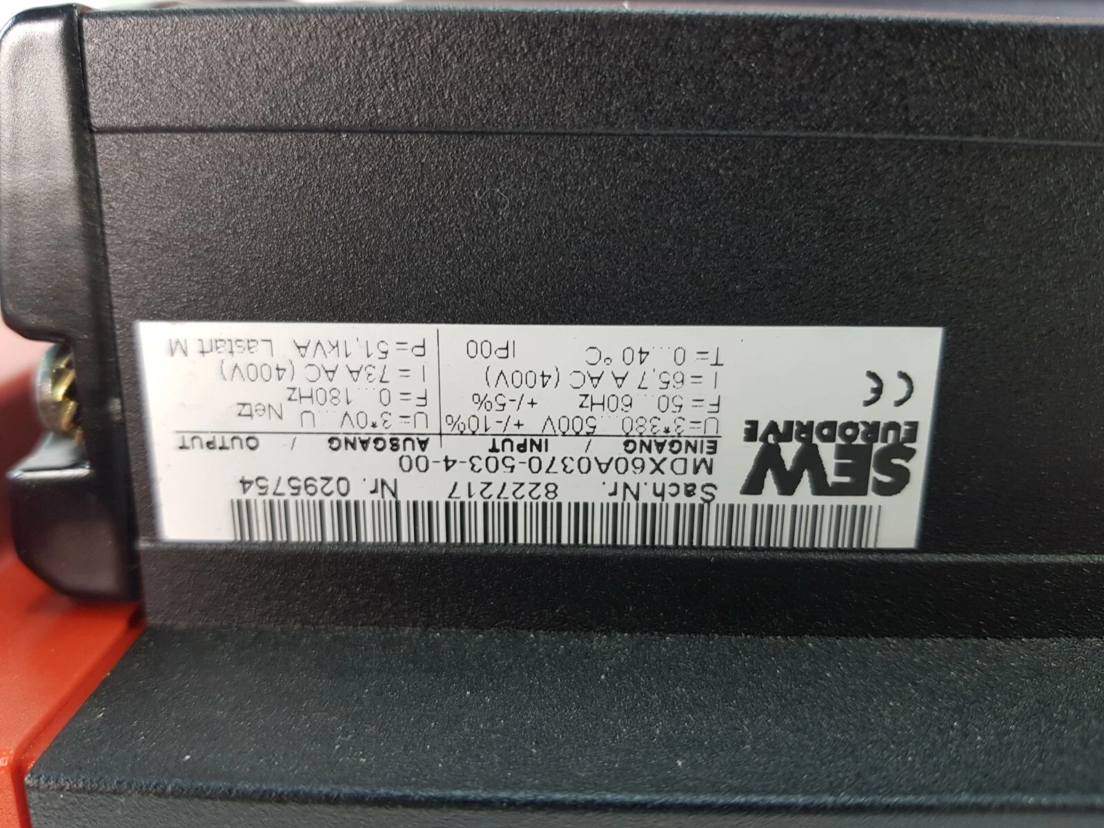 Power section label MDX60A0370-503-4-00: input 380–500 V 65.7 A, output 73 A 51.1 kVA