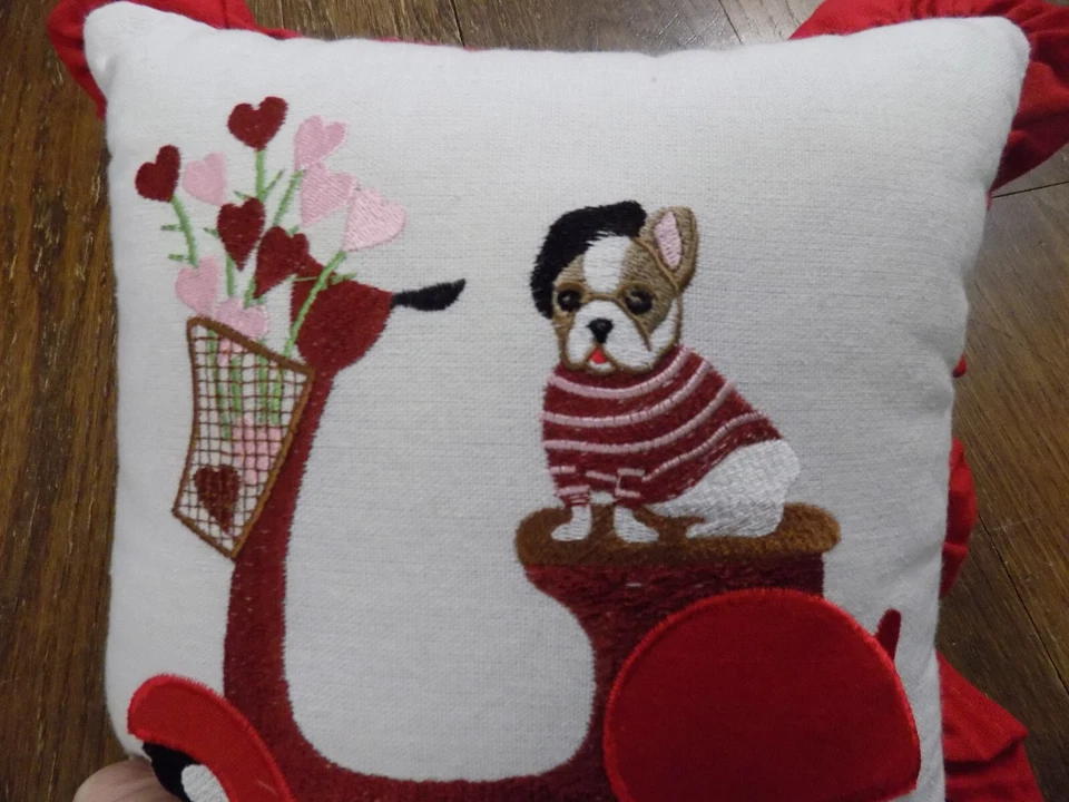 ADORABLE pillow Dog PUG w beret on Scooter flowers embroidered polka dot ruffles - Image 3 of 4