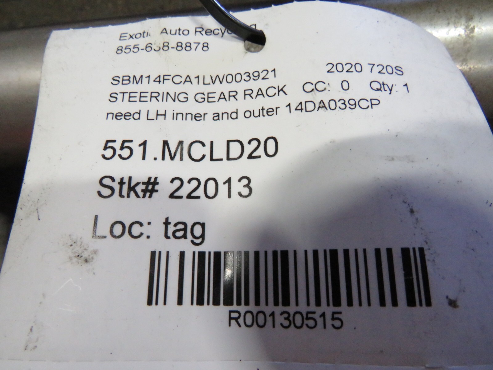 McLaren 720S, Steering Gear Rack, Used, P/N 14DA039CP