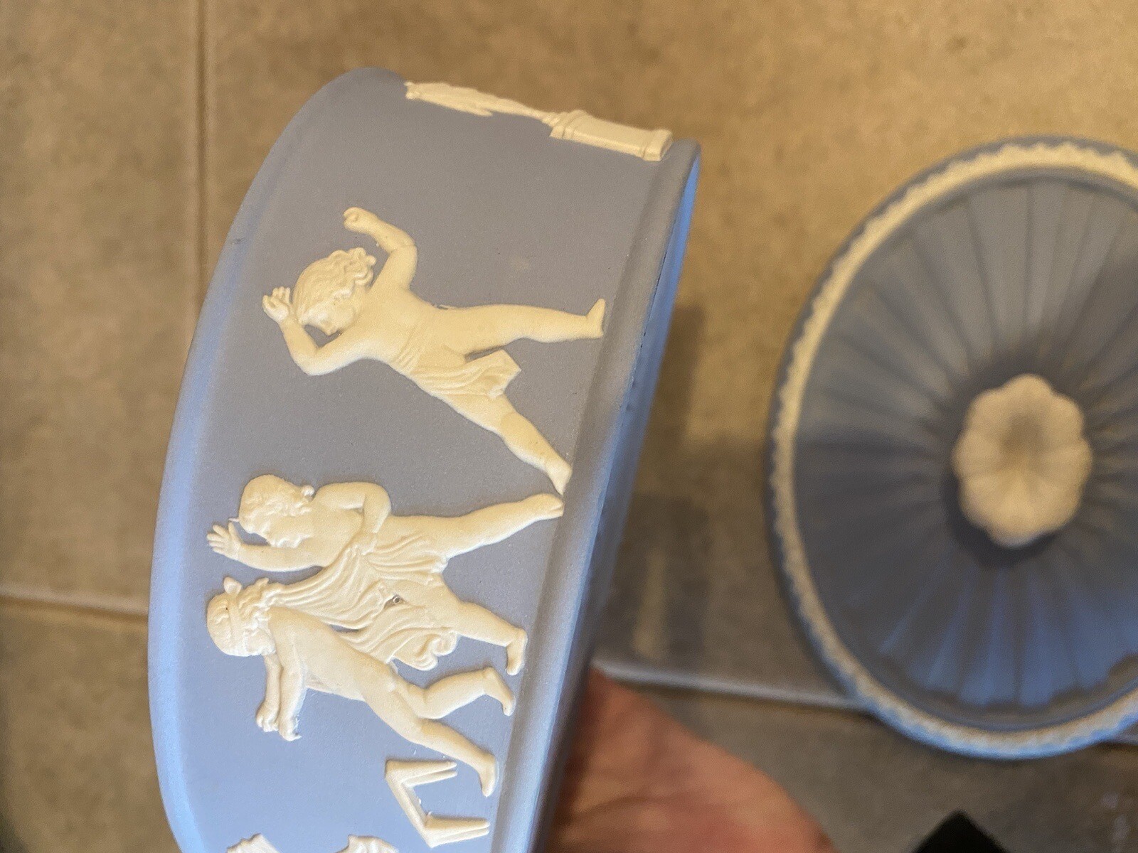 Wedgwood Box With Lid Cherubs “ Blind Man’s Bluff”  **Signed Jasperware Unique