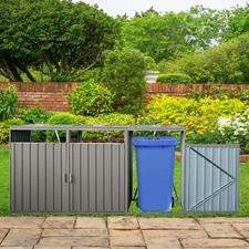 Outdoor Garbage Can Storage Shed Metal Garden Bin Shed Store 3 Trash Cans Gray