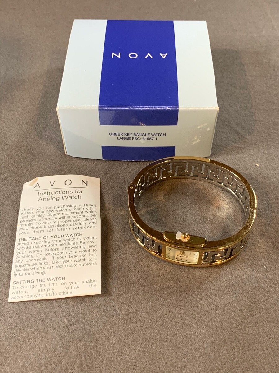 Avon Large GREEK KEY GOLD & SILVER TONE CUFF HINGED BANGLE 