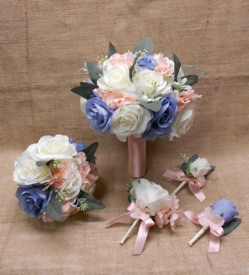 Wedding Silk Flower Bridal Bouquets Ivory Cream Pink Blush Dusty Blue Eucalyptus - Image 3 of 4