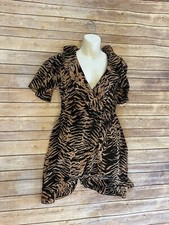 Pretty Little Thing BROWN Black Animal PRINT SHORT SLEEVE V-neck Wrap DRESS SZ 6