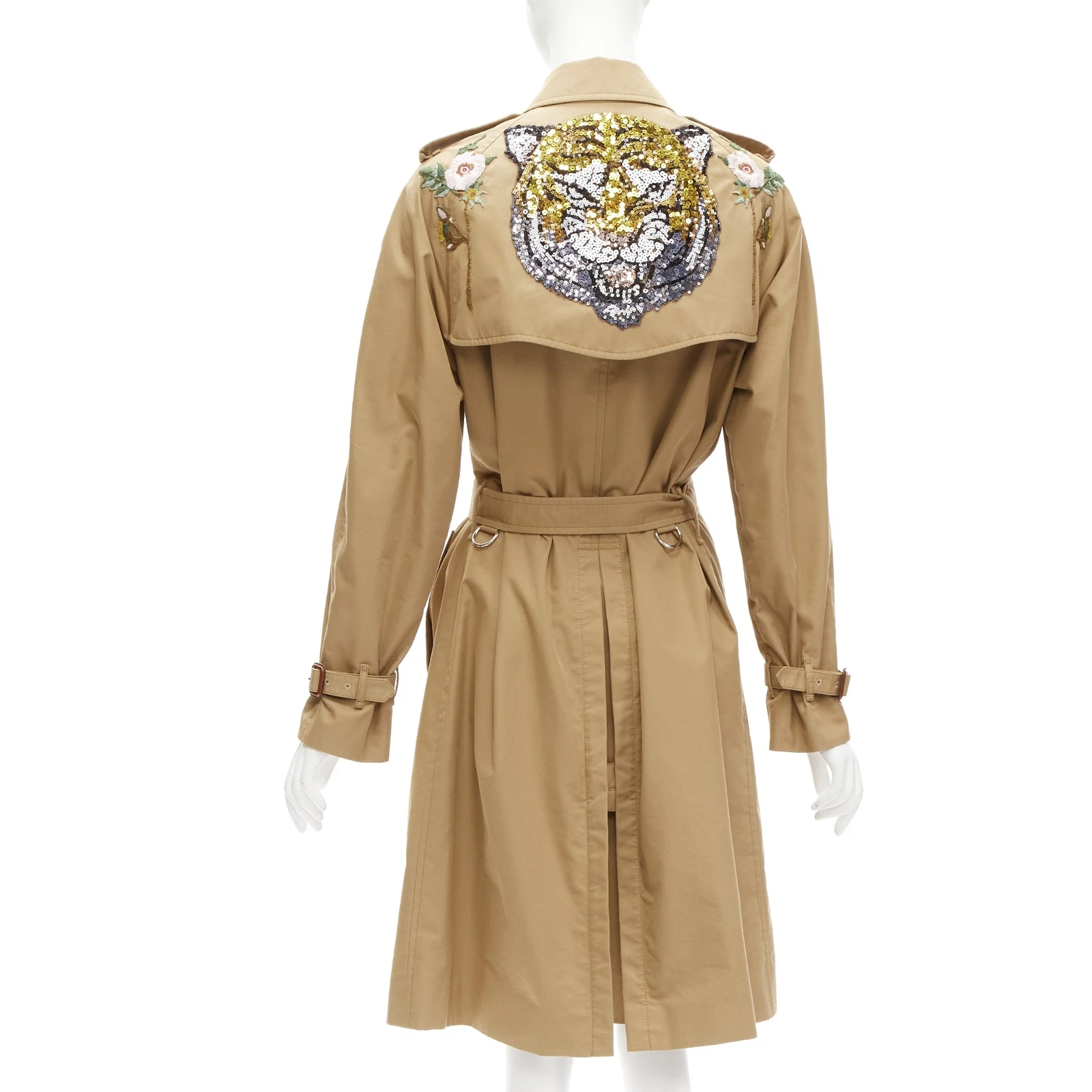Trench coat beige ceinturé paillettes dorées broderie fleur de tigre GUCCI IT38 XS