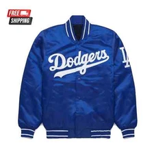 Men’s Los Angeles Dodgers Blue Satin Baseball Jacket Full-Snap Embroidery logos