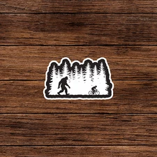 Bigfoot and Biker Silhouette Sticker - Sasquatch Encounters Cyclist in Forest #2