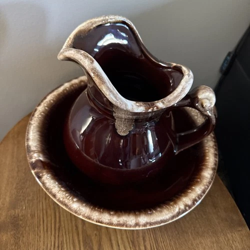 McCoy Pottery Brown Drip Glaze Small Pitcher And Basin/Bowl Set