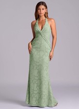 Azazie Sage Green Floral Halter Formal Dress Size 4
