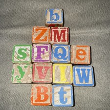 Lot Of 13 Vintage ABC Wooden Letter Blocks Letters Words Pictures Number 1 1/2  