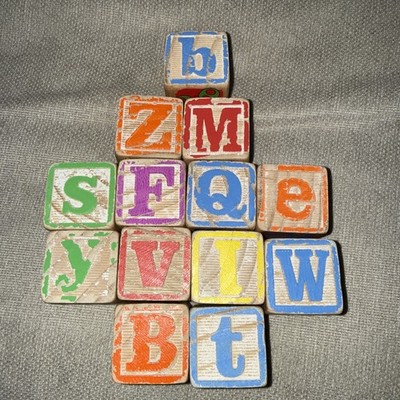 Lot Of 13 Vintage ABC Wooden Letter Blocks Letters Words Pictures Number 1 1/2 