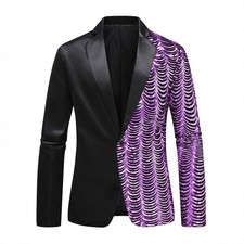 Mens Wave Shape Sequins Shiny Jacket Formal Blazer Banquet Wedding Evening Party