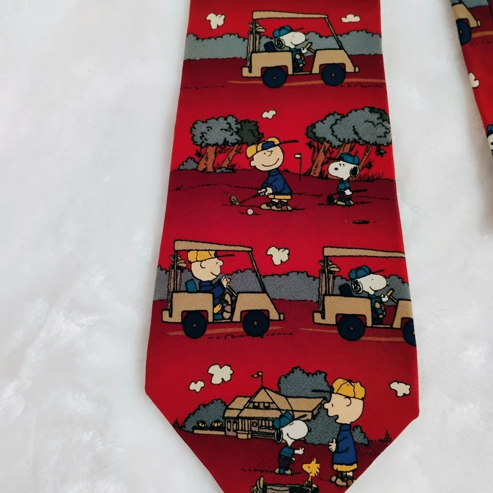 Peanuts Snoopy Charlie коричневый мужской шелковый галстук тема для гольфа винтажный сделано в США уникальный - Изображение 2 из 4