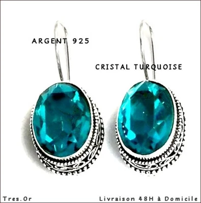 ARGENT 925 & CRISTAL TURQUOISE BOUCLES D'OREILLE NEUVES LIVRÉES 48H A DOMICILE - Photo 1/4