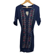 NWT Tiny Anthropologie Plein Air Embroidered Shirt Dress Tie Waist Navy XS Boho