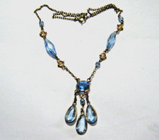 17 Vintage 40s Czech Aqua Blue Crystal Gold Tone Festoon Lavalier Necklace 17 Vintage 40s Czech Aqua Blue Crystal Gold Tone Festoon Lavalier Necklace