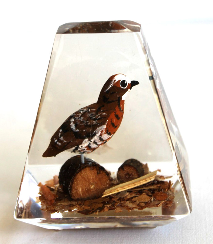 Vintage Hand Carved & Painted Quail in Lucite/acrylic Unique Canada Paperweight